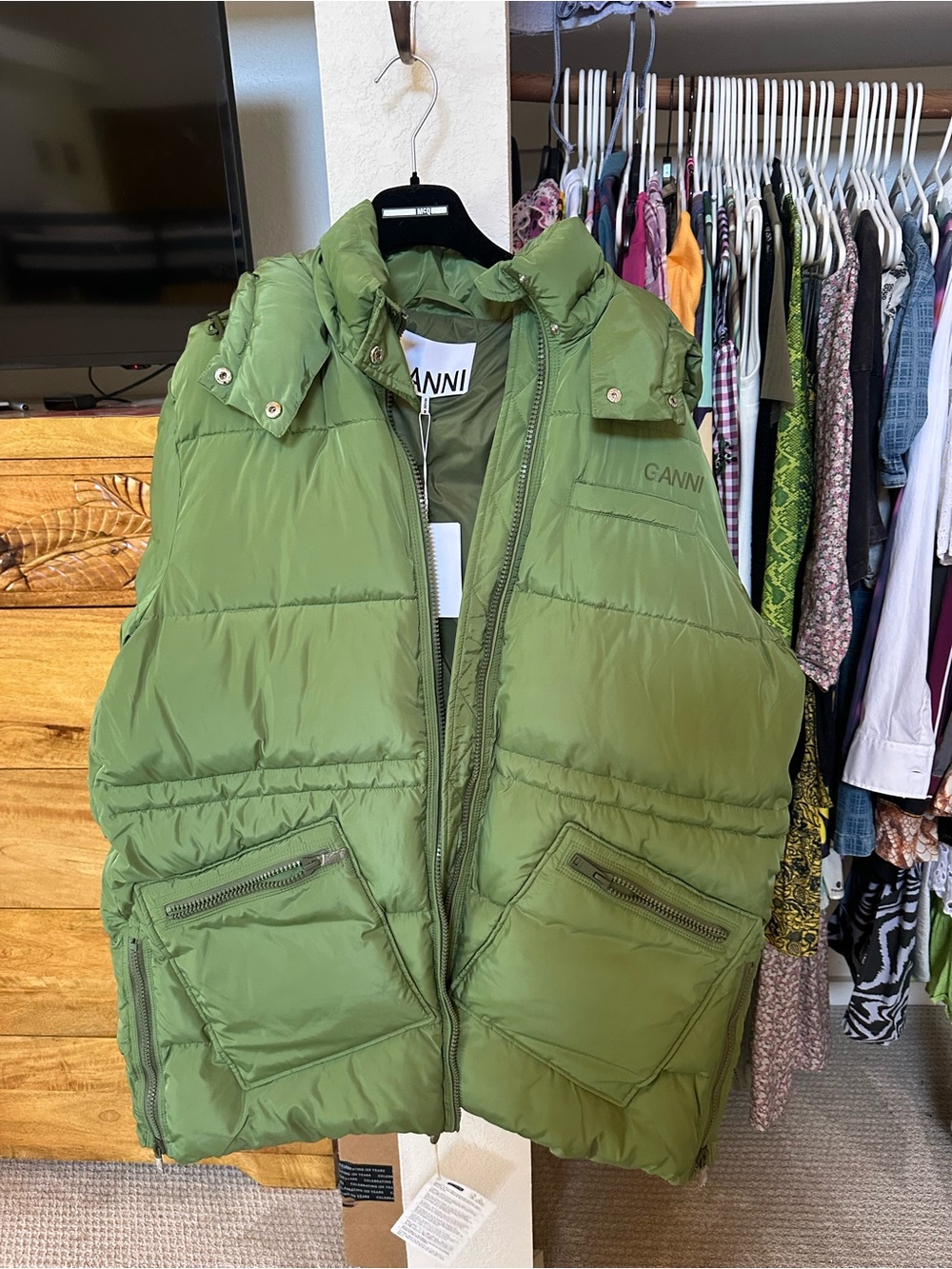 Ganni Olive Green Quilted Puffer Vest